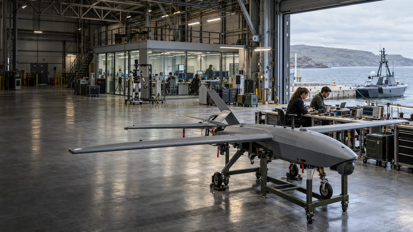 Illustrative coastal engineering hangar with a UAV, autonomous vessel, robotics, electronics workbenches and software laboratory